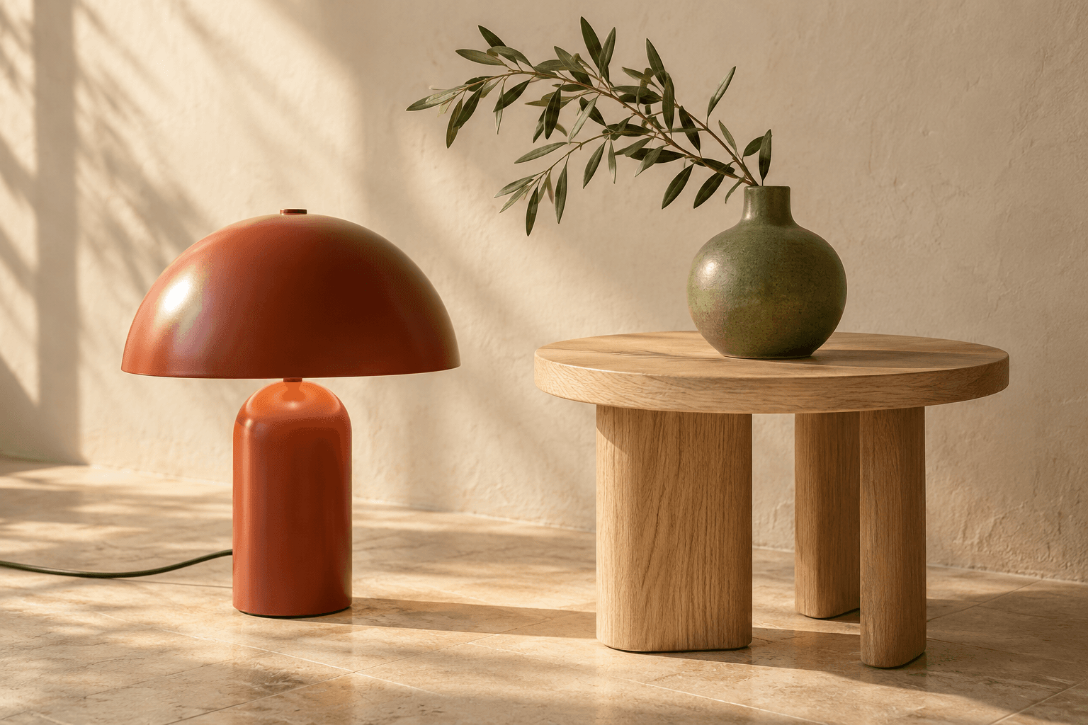 Warm sunlight on a terracotta lamp, an oak table and an olive-green vase